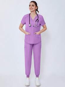 2-Piece Women's Solid Color Matte  Health Work Suit - Elastic And Breathable  Uniform With V-Neck Short-Sleeved Top And Drawstring Pants, Functional Pockets - Machine Washable, Durable, Suitable For Health Professionals - 淡紫色 - 查看 5