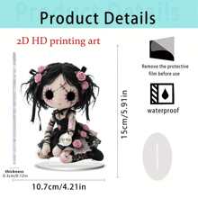 1 pieza Muñeca gótica plana y linda de acrílico para decoración de escritorio, diseño [plano 2D] único con cabello rosa, calavera blanca, rosa negra y atuendo delicado, adecuado para Halloween, bar, cafetería o regalo a amigos
