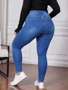 Talla grande pantalones vaqueros ajustados azules, estilo sexy y cómodo para looks diarios