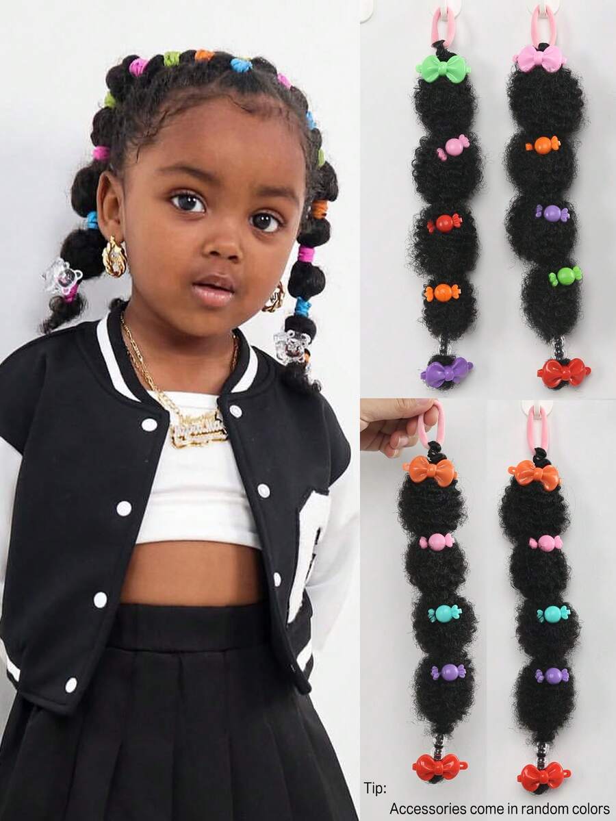 1pc Kids Ponytail Hair Extension Accessory, Cute Small Fluffy Bubble Ponytail Braided Hair, Suitable For Girls (Random Color) - 黑色 - 查看 1
