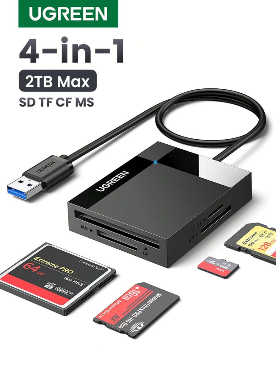 UGREEN 0.5 米 4 合 1 C 型 USB 3.0 读卡器，可同时读取 4 张卡，适用于数字存储卡 TF SD Micro SD - 黑色 - 查看 1