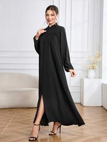 Arabic Style Women's Solid Color Zip-Up Collar Long Sleeve Dress Black Spring - Black - View 4