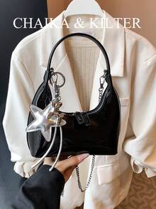 CHAIKA & KILTER 1 件纯色 PU 材质女式新月形单肩包，顶部提手，拉链开合，可拆卸可调节肩带，适合日常和外出