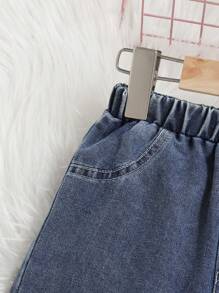 Girls Casual Washed Blue Denim Flare Pants With Shell Embroidery, Versatile Trousers Suitable For Girls All Seasons