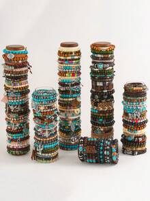 9/17/24/35/47/76pcs Mixed Vintage Handmade Wooden & Turquoise Stone Bead Bracelet Set With Zinc Alloy Pendant - Ideal Jewelry Pack For Daily Party Gifts - Multicolor - View 11