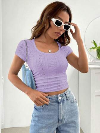 Women's Solid Color Hollow Embroidery Round Neck Short Casual Vacation College Style Back To School Season Daily Commuting T-Shirt