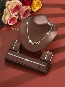 4pcs Elegant Jewelry Set: Rhinestone Earrings + Necklace + Bracelet, Suitable For Women's Wedding & Evening Wear, Valentine's Day Gift For Girlfriend