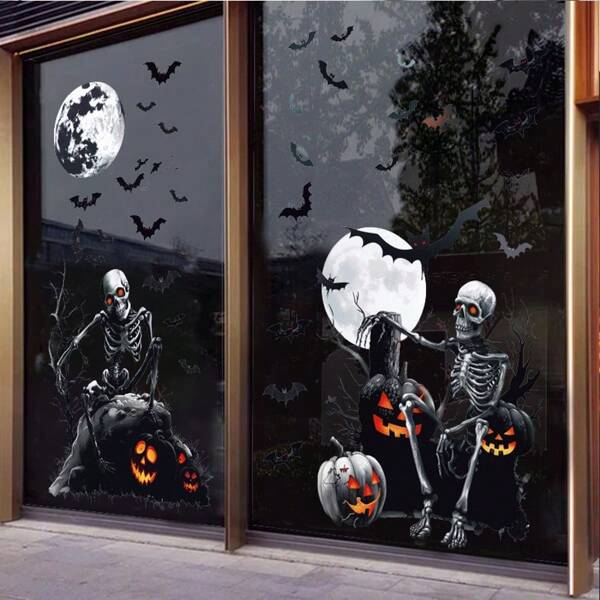 Halloween Decorations Window Clings Decor, Extra Large Cute Funny White Skeleton Ghosts Black Bats Halloween Stickers Indoor, School Home Office Party Supplies For Glass Window, 4 Sheets Home Decor Fall Decor Room Decor