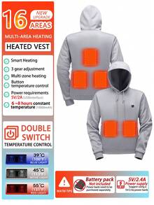 Men's Casual Solid Color Hoodie, Single-Control 5-Zone Heating Clothing, Winter Thermal Insulation Heated Jacket - Grey - View 2