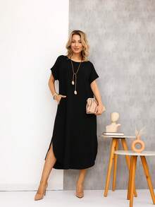 Viscolycra Midi Dress With Pocket And Side Slit 42 To 48 - màu đen - Xem 1