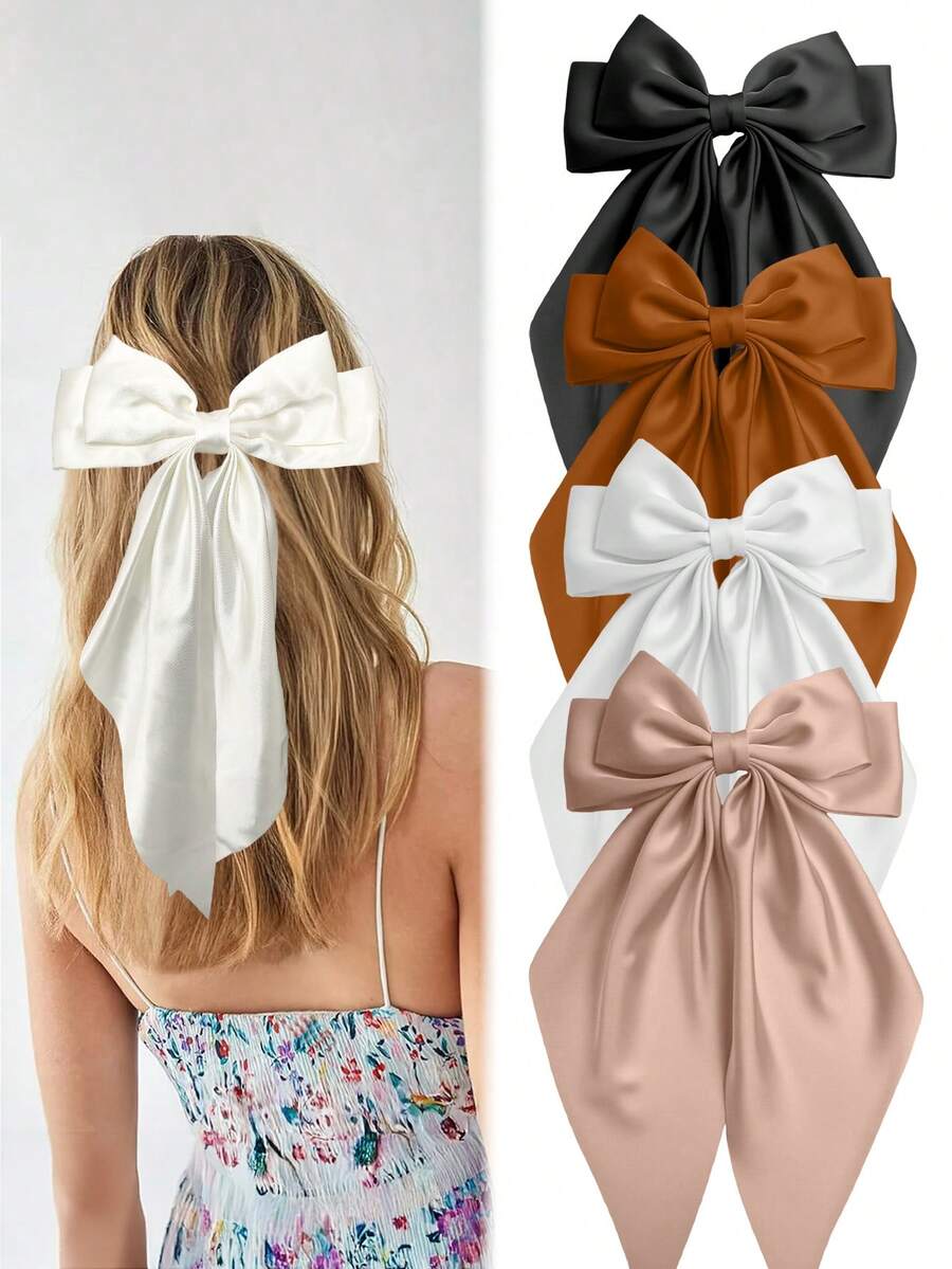 4pcs Bow Hair Accessories Set: Satin Bow Hair Clips, Bow , Large Hair Clips, Cute Metal Bow Hair Clips In Neutral Colors, Flat Claw Hair Clips - Multicolor - View 1