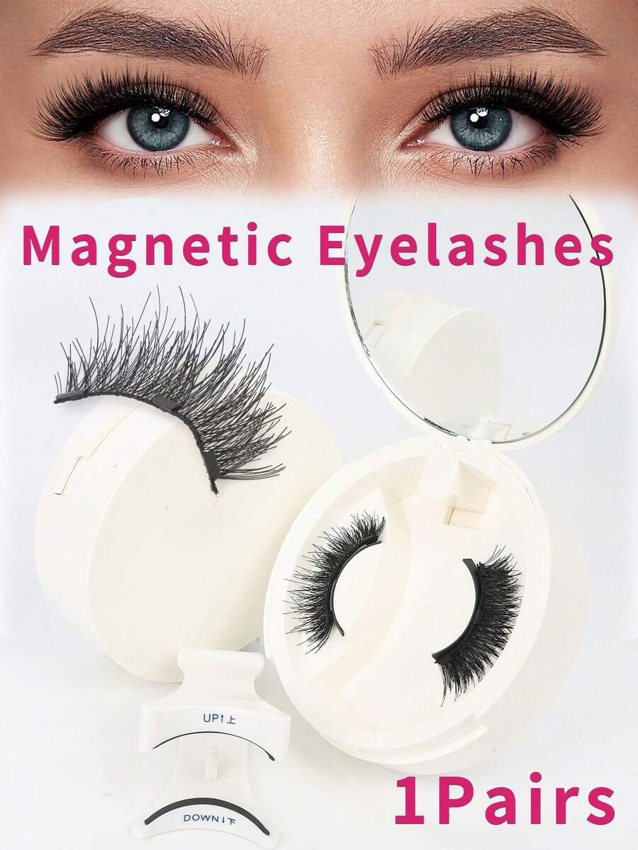1对浓密自然磁性睫毛，含磁性睫毛夹套装，可重复使用的便携式假睫毛工具，易于佩戴和取下，无需胶水，适用于约会、派对、舞会和拍照场景。节日必备睫毛，狂野妆容