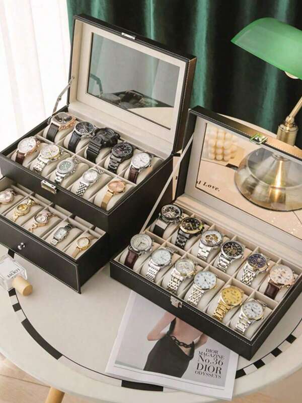 12 Slots Waterproof Pu Leather Watch Storage Box, Watch Gift Box, Travel Watch Storage Box, Multi-Slot Watch Display Stand, Luxury Large Capacity Watch Storage Box, For Men And Women, Elegant Black PU Leather Case With Safety Barrier - Can Hold Watches, Home Organization And Storage Items, Room Decoration, Men's Gift, Women's Gift For Women Storage Organizer Travel Essentials Gift Back To School