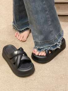 Damen weiche EVA leichte bequeme flache Plateau-Riemen-Slip-On-Pantoffeln, 6cm hohe Sohle, lässige Sommer-Strand-Slide-Sandalen