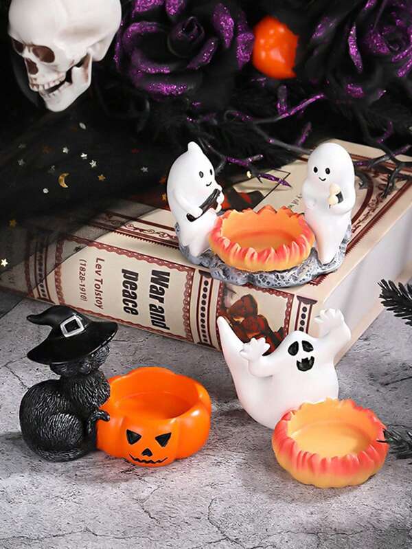 1 pieza Candelabro de calabaza con fantasma de resina creativa, decoración de calabaza con gato negro, decoración de sobremesa para el hogar, dormitorio, gabinete, fiesta de Halloween, regalo festivo