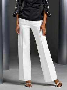 Women's Casual Solid Color Straight Leg Pants With Buckle Belt - White - View 4