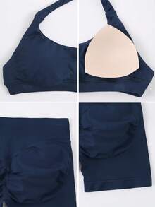 NcmRyu Women's Seamless Elastic Padded Bra And Shorts Sports Set, Sexy Backless Halter Neck - Blue - View 3