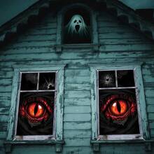 2pcs Halloween Window Banner 47.2x31.5 Inch Polyester, Horror Grunge Window With Glowing Red Eyes Design, Halloween Scary Theme Window Screen Decor For Indoor Outdoor Party