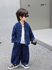 2 件套幼儿/小男孩宽松纯色牛仔夹克和裤子套装，适合日常、上学、户外、休闲装、秋季