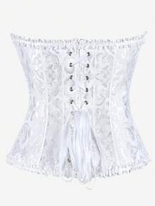 Corset Overbust Bustier, Classic Corset Shapewear Strapless Sweet Fitted Boned Bodysuit, Ruffle Trim Waist Cincher Backless Corset Top, Suitable For Masquerade, White Evening Gown, Wedding Dress - 白色 - 查看 3