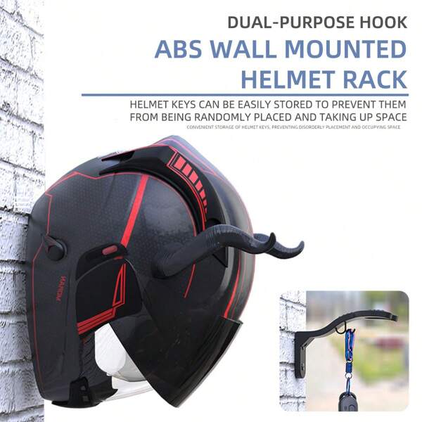 1 pieza Soporte de pared para casco de ABS, Gancho autoadhesivo negro de almacenamiento, Soporte de almacenamiento para casco de motocicleta, Gancho doble para colgar llaves, Casco con alta capacidad de carga, Instalación estable y duradera, Almacenamiento práctico y versátil