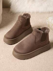 Nouvelle collection 2025 Bottes mi-mollet élastique à enfiler d'un style occidental moderne minimaliste pour couple et parent-enfant. Plateforme, semelle épaisse, antidérapante, imperméable, doublure en fausse fourrure moelleuse, patchwork élastique. Idéales pour la maison, le quotidien, le campus, l'extérieur, les fêtes, le ski