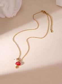 GEREIT 1 pieza Collar colgante con casa de hongo roja simulada de acero inoxidable enchapado en oro de 18K con perla falsa, lindo para uso diario de mujeres