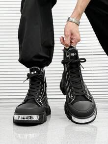 SLnU3 Men's Fashionable Thick Sole Boots, Casual Punk Style College Outdoor Fabric Rivet Inlaid Cool College Outdoor All Season Stylish - Black - View 6
