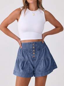 ANRABESS Women's Shorts Summer Baggy High Waisted Flowy Wide Leg Buttons Pleated Casual Jean Shorts 2025 Fashion Skorts - Washed Blue - View 3