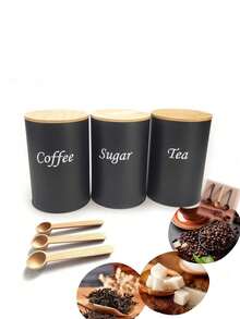 Bộ 3 lọ đựng cà phê tròn, hộp đựng cà phê, trà, đường, có 3 muỗng cà phê, bao gồm hộp kim loại màu đen trắng có nắp gỗ và nắp đậy kín khí - Hộp đựng thực phẩm an toàn cho nhà bếp có nhãn khắc, thích hợp để lưu trữ, nhà hàng, trang trí, quà tặng cho mẹ, ngày của mẹ, đám cưới, quà tặng cho bố, bạn trai, bạn gái - Nhiều màu - Xem 2