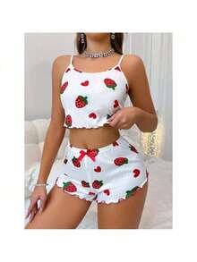 Kit 2 Baby Dolls For Women – Ribbed Summer Short Doll Pajamas With Print, Comfortable Blogger Nightwear. - 紅白色 - 查看 4