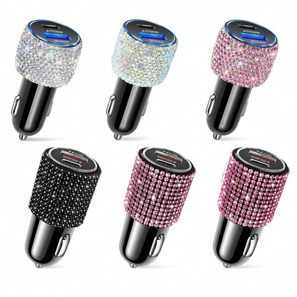 1 pieza Cargador de coche con diamantes Rhinestone Bling Bling, cargador de teléfono de coche de carga rápida USB Tipo A y C, adaptador de diamantes 3 en 1 de carga rápida con cable retráctil compatible con teléfonos móviles, dashcam, iPad, GPS, regalo artesanal ideal para mujeres y hombres en días festivos y cumpleaños