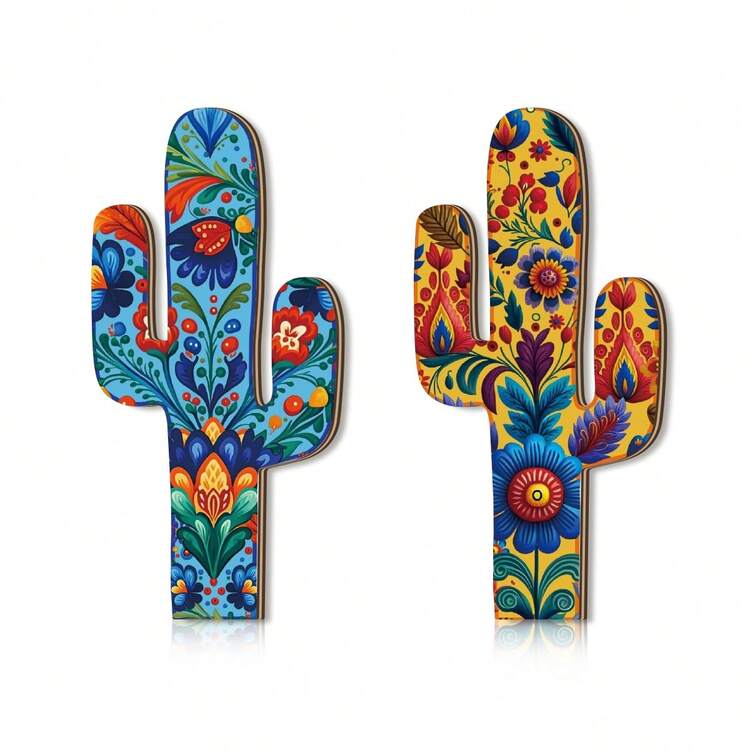 1/2/120 Sets Available, 2 Pcs/Set 2D Bohemian Wooden Cactus Wall Flower Pattern Decoration Modern Art Plant Plaque Home Decoration, Room Decoration - Multicolor - View 8