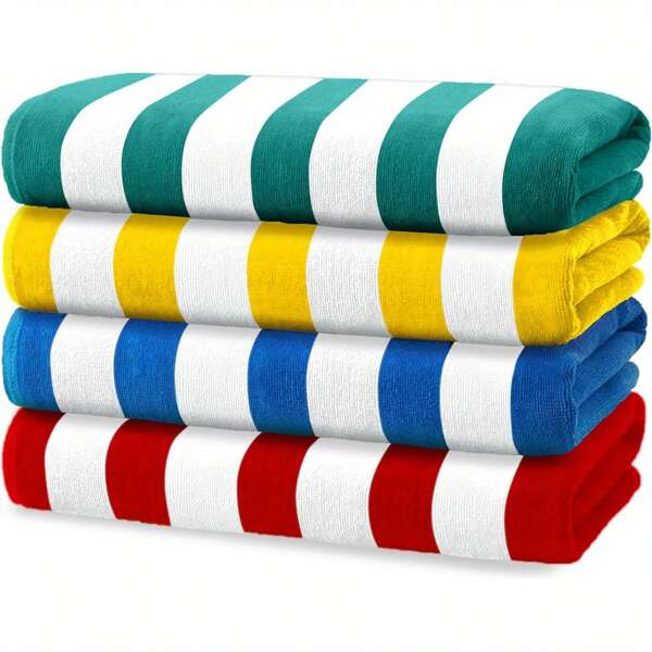 4 Pcs Bright Color Beach Towel Set: Oversized Beach Towel, Cabana Stripe Bath Towel (Suitable For Beach/Pool/Hot Tub), Lightweight Ultra-Soft Microfiber Travel Beach Towel