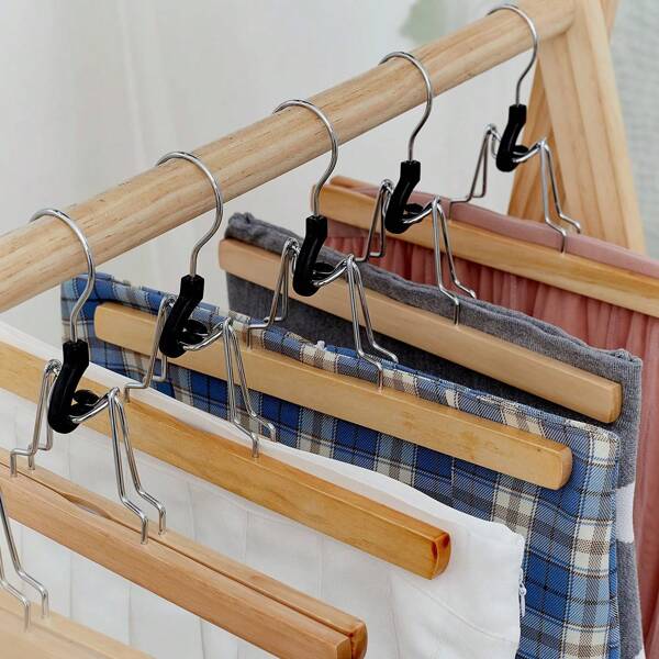 5/3pcs Wooden Pant Hangers With Non-Slip Velvet Clips, Skirt/Trouser/Pants Rack Organizer Holder, Suitable For Pants, Skirts, Wigs
