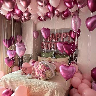 49pcs Birthday Balloon Decoration Set, 16" Pink "HAPPY BIRTHDAY" Letter Balloons, 18" Heart-Shaped Foil Balloons, Pink & Dark Pink Latex Balloons For Birthday Party, Room Decoration