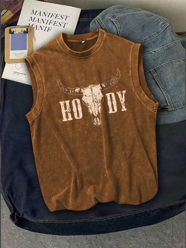 Chaleco hombre con cuello redondo estilo vintage, lavado, con gráfico "Tótem de poder"