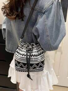 New Mini Chinese Cloth Bag Hemp Shoulder Bag 2025 National Style Calligraphy Shoulder Bag, Ladies Retro Printing Bucket Bag, Spring Casual Fashion Ladies Bag, Hand Purse