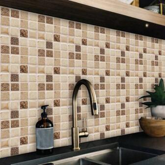 10片马赛克瓷砖墙贴，现代PVC自粘墙纸，适用于家居、厨房、房间、墙面装饰