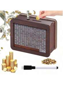 Set de 2 piezas: 1 bolígrafo marcador y 1 alcancía de madera con contador numerado, en tono marrón claro, caja de monedas decorativa de escritorio, artículo esencial para volver al colegio, caja de ahorro de madera para efectivo, nueva caja de ahorro de madera 2025, decoración del hogar, adornos y accesorios de decoración del hogar, caja de ahorro de efectivo, hucha con contador, caja de dinero de madera con ranura para monedas y números, mejor regalo para Halloween, decoración navideña, color y estilo aleatorios