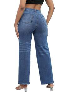 THUNDER Womens High Waisted Wide Leg Jeans Stretchy Distressed Pants - Blue - View 4