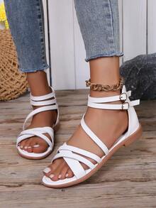 女士平底罗马凉鞋，夏季露趾低跟皮革扣镂空高帮凉鞋，百搭平底凉鞋