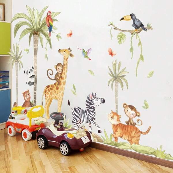 1 Set de Vinilos de pared con animales de la jungla y el bosque, que incluyen animales, palmeras, jirafa, loro, ciervos, oso y flores, para decorar el cuarto de juegos, dormitorio y el hogar