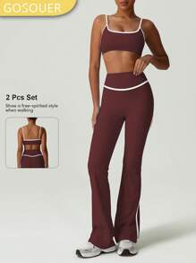 GOSOUER 2 pièces Set de sport pour femme, soutien-gorge de sport à couleur contrastée à la mode et pantalon évasé de danse de gym à taille haute sans couture avant