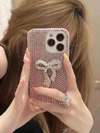 Sanrio 1 件奢华闪亮水钻 3D 蝴蝶结设计粉色手机壳适用于 17 Pro Max、16 Pro Max、15 Pro Max、14、13、12、11、15 Pro、14 Pro，时尚独特韩式防震保护套（厂家直销，质量保证）