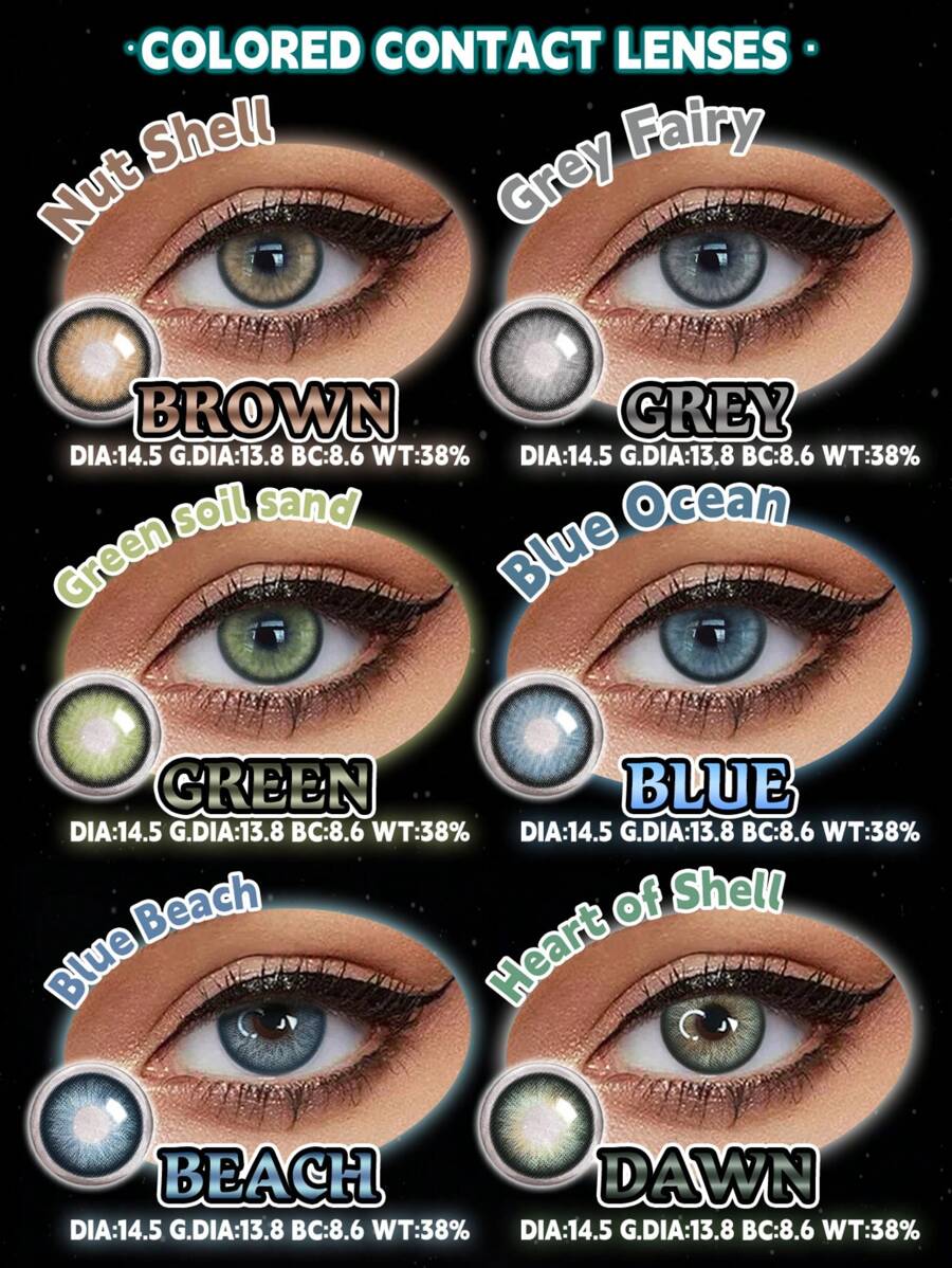 Lentes de contacto de color verde a la moda de Lalens, diámetro de 14.50mm, aumentan el tamaño de los ojos, maquillaje diario, lentes de color avellana para embellecer los ojos, lentes de contacto azules blandos para una novia hermosa, con un contenido de agua del 38%, curva base de 8.6mm, para ojos marrones naturales, lentes para ojos pequeños de pupilas oscuras, de uso anual