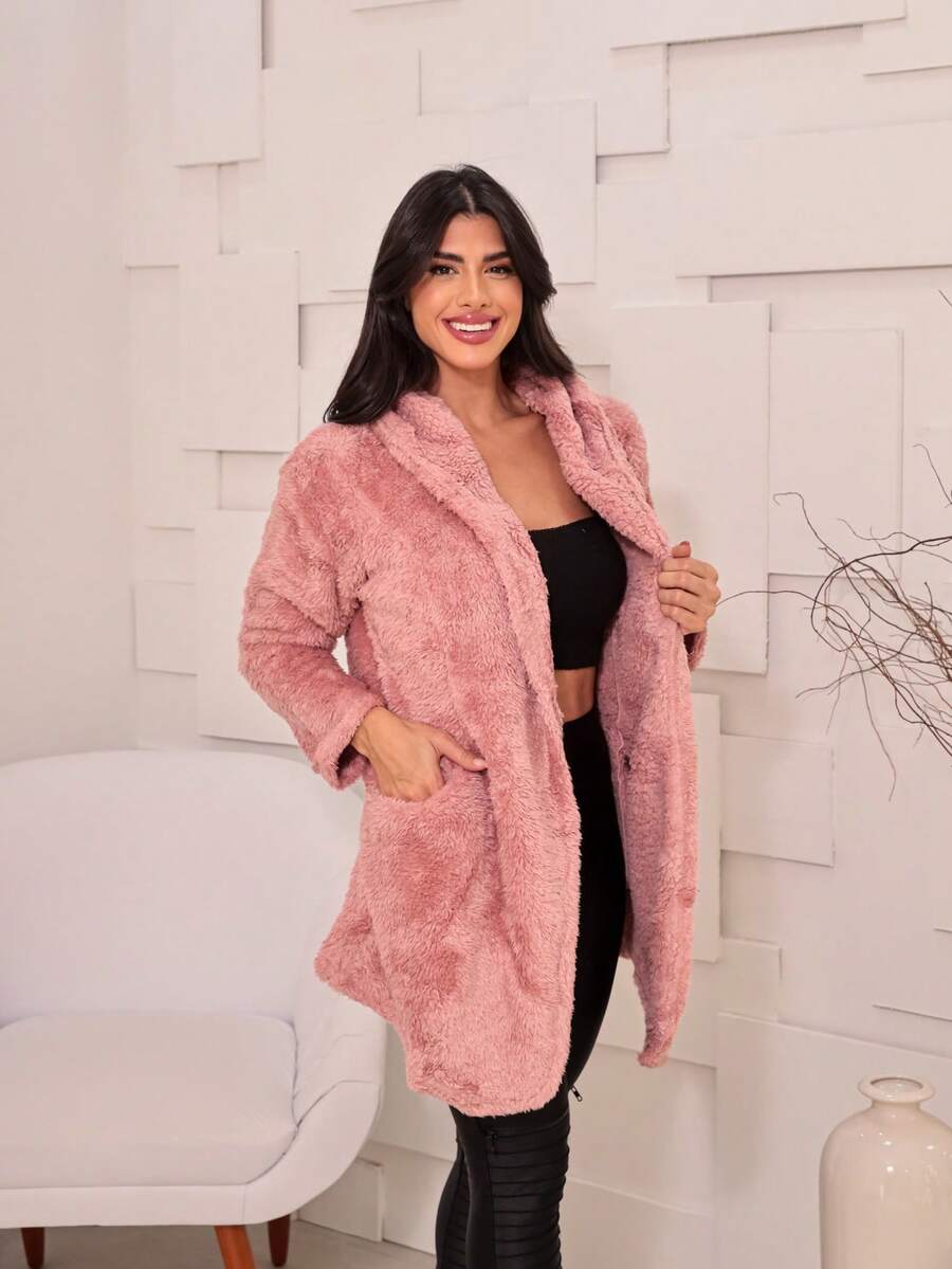 Women's Thick Teddy Coat Simple Casual Cute Pocket - Hồng - Xem 1