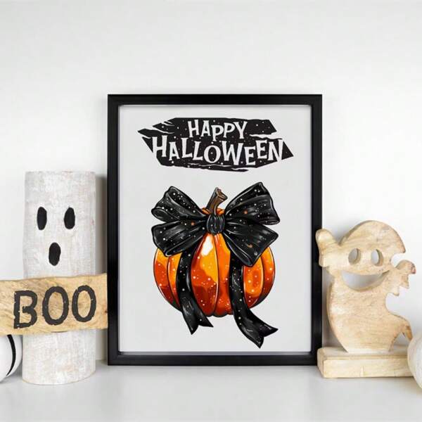 1 Pc Halloween Print Autumn October Canvas Poster, Dark Halloween Decoration, Pumpkin, Black Bow Print, Halloween Gallery Wall Art, Modern Living Room Bedroom Frameless Decorative Painting Home Decor Fall Decor Room Decor