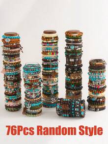 9/17/24/35/47/76pcs Mixed Vintage Handmade Wooden & Turquoise Stone Bead Bracelet Set With Zinc Alloy Pendant - Ideal Jewelry Pack For Daily Party Gifts - Multicolor - View 15
