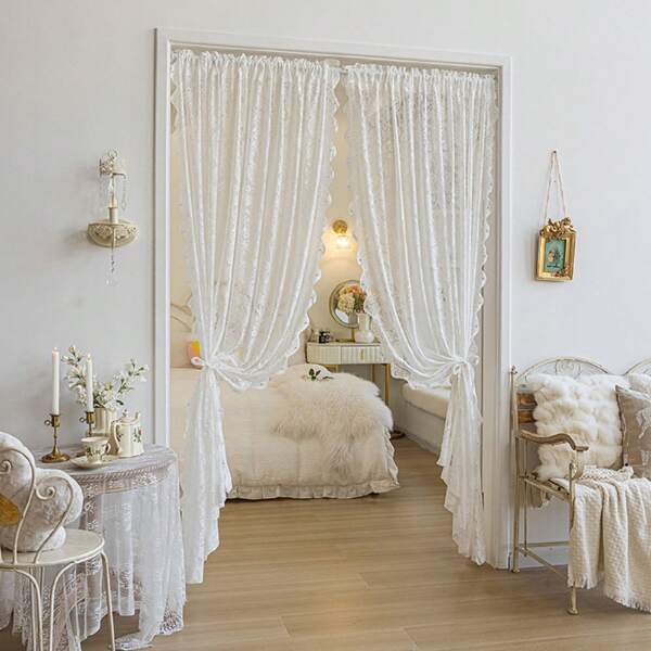 1pc White Lace Ruffled Edge Curtain, Suitable For Bedroom, Balcony, Living Room Partition Decoration